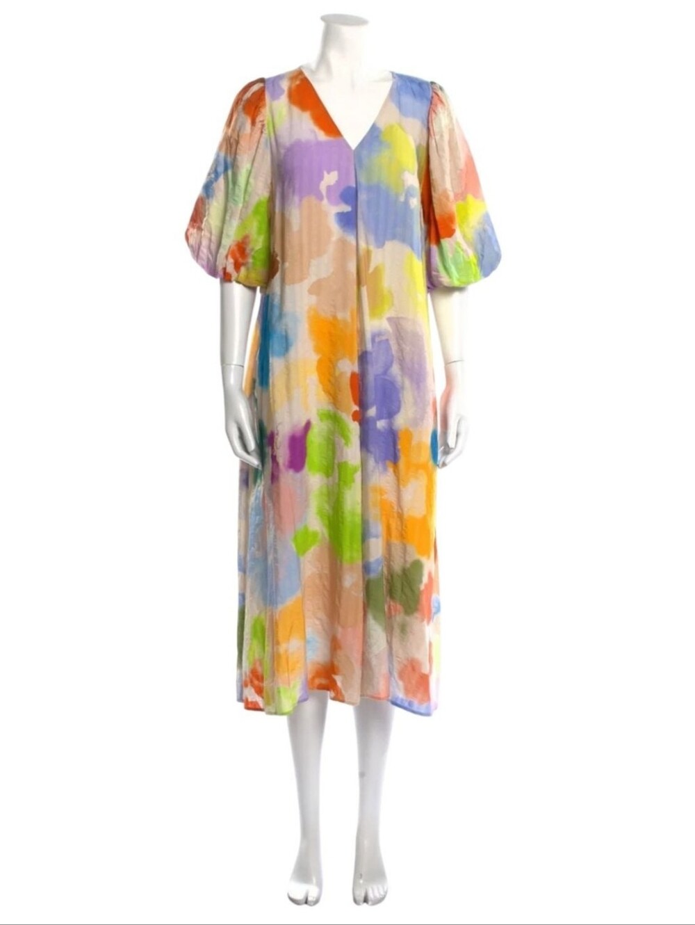 STINE GOYA Linen Watercolor Midi Dress with Puff Sleeves